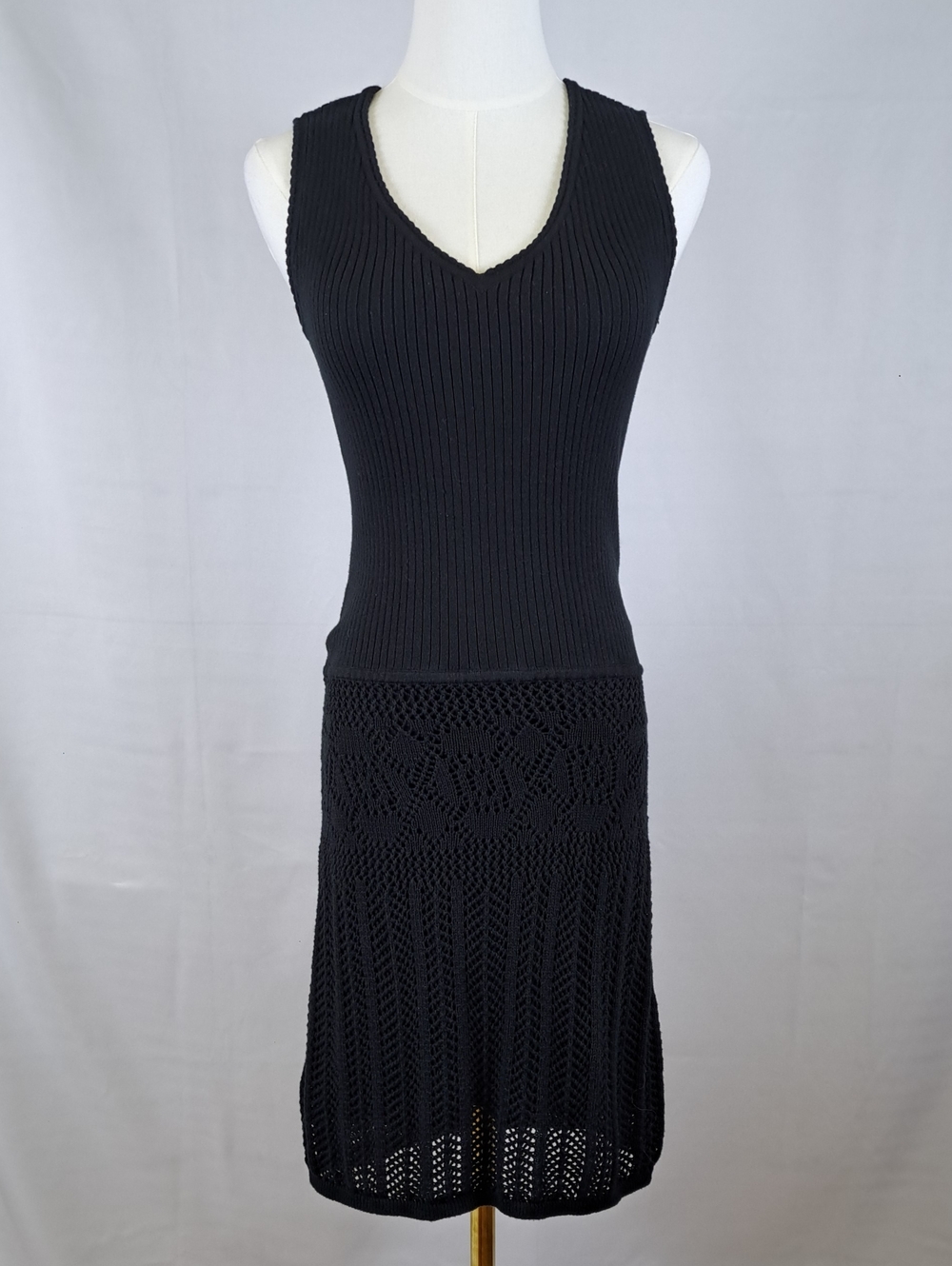 Stamp 10 Black V-Neck Ribbed Bodycon Crochet Dress Cotton Blend Boho Goth Size S